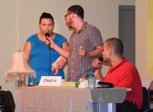 Stuart the innkeeper (Justin Manderson, right) talks with Zechariah (teacher Will Delgaty) and Elizabeth (Vanessa Williams), as they express their hopes for their infant son, in a performance at the Sunrise Adult Training Centre in West Bay.