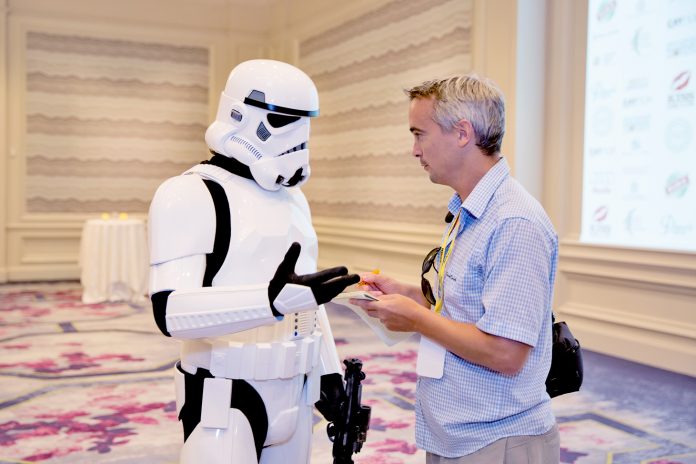 Cayman Compass journalist, James Whittaker, right, takes his chances interviewing a stormtrooper.