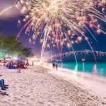 New Year’s Eve dancing, music ban dampens turnout for some events Residents and visitors gaze up at fireworks launched just before midnight on New Year’s Eve along Grand Cayman’s Seven Mile Beach. - Photo: Taneos Ramsay