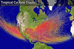 This graphic from the National Oceanic and Atmospheric Administration shows the storm tracks of all tropical cyclones in the Atlantic since 1949. Major hurricanes are marked in purple, hurricanes in red, tropical storms in yellow and tropical depressions in grey. 