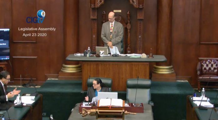 In this screengrab from video, temporary Speaker of the House Anthony Eden presides of Thursday's meeting of the Legislative Assembly