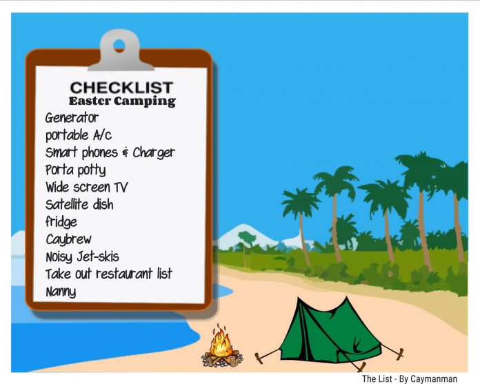 Cartoon shows checklist for Easter camping