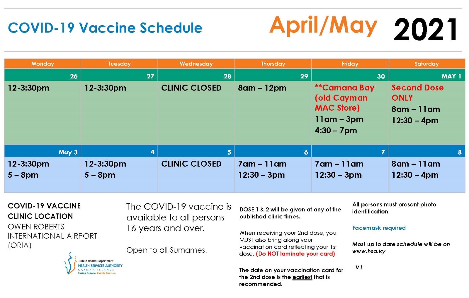 COVID vaccine schedule 26 April - 8 May 2021