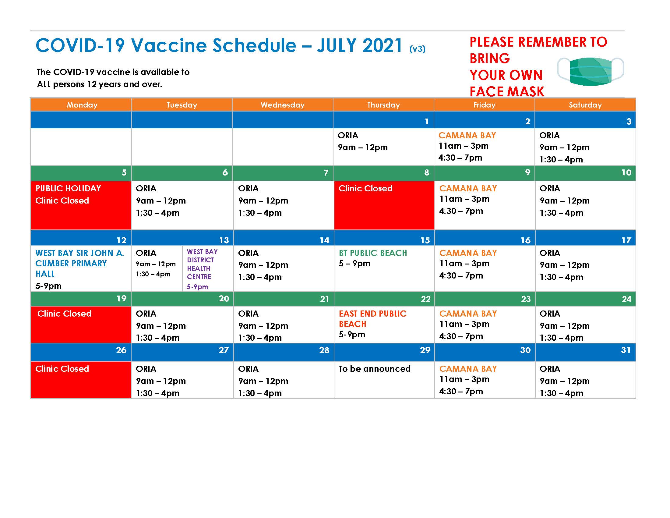 July 2021 COVID vaccine schedule 
