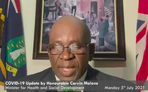 Carvin Malone, BVI's minister for health and social development delivers a COVID-19 update on Monday, 5 July. Photo: Facebook