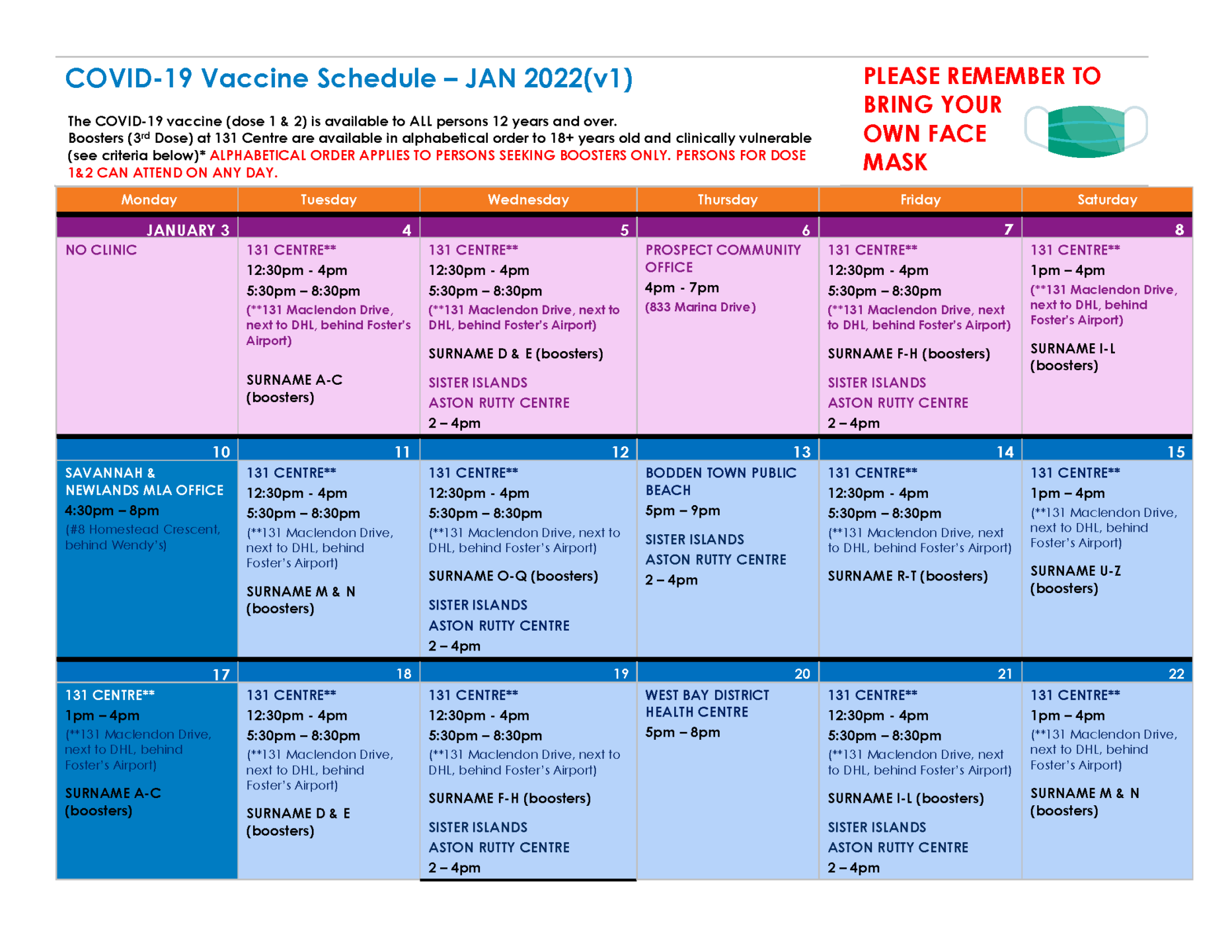 January 2022 Vaccine Schedule