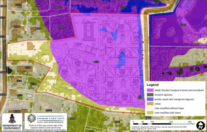 A map of the proposed site (outlined in red) produced by the DoE, which notes "the majority of the site is covered by tidally flooded mangrove forest and woodland" (Source: DoE, 2023)