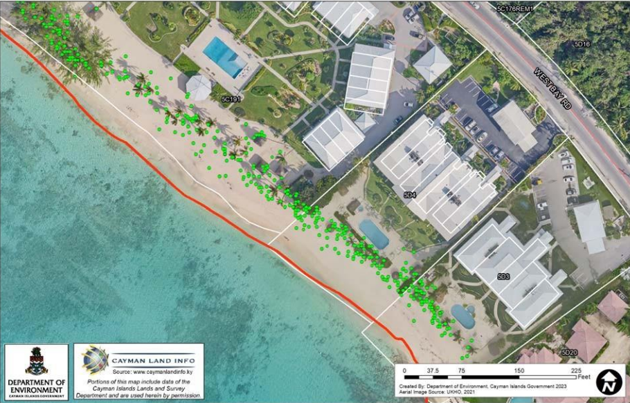 Aerial view of Aqua Bay (marked). Each dot represents a recorded sea turtle nest. Source: DoE Turtle NestMonitoring Project Data, 2022