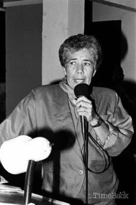 Former Speaker of the House Mary Lawrence speaking during a Bodden Town meeting in 1990