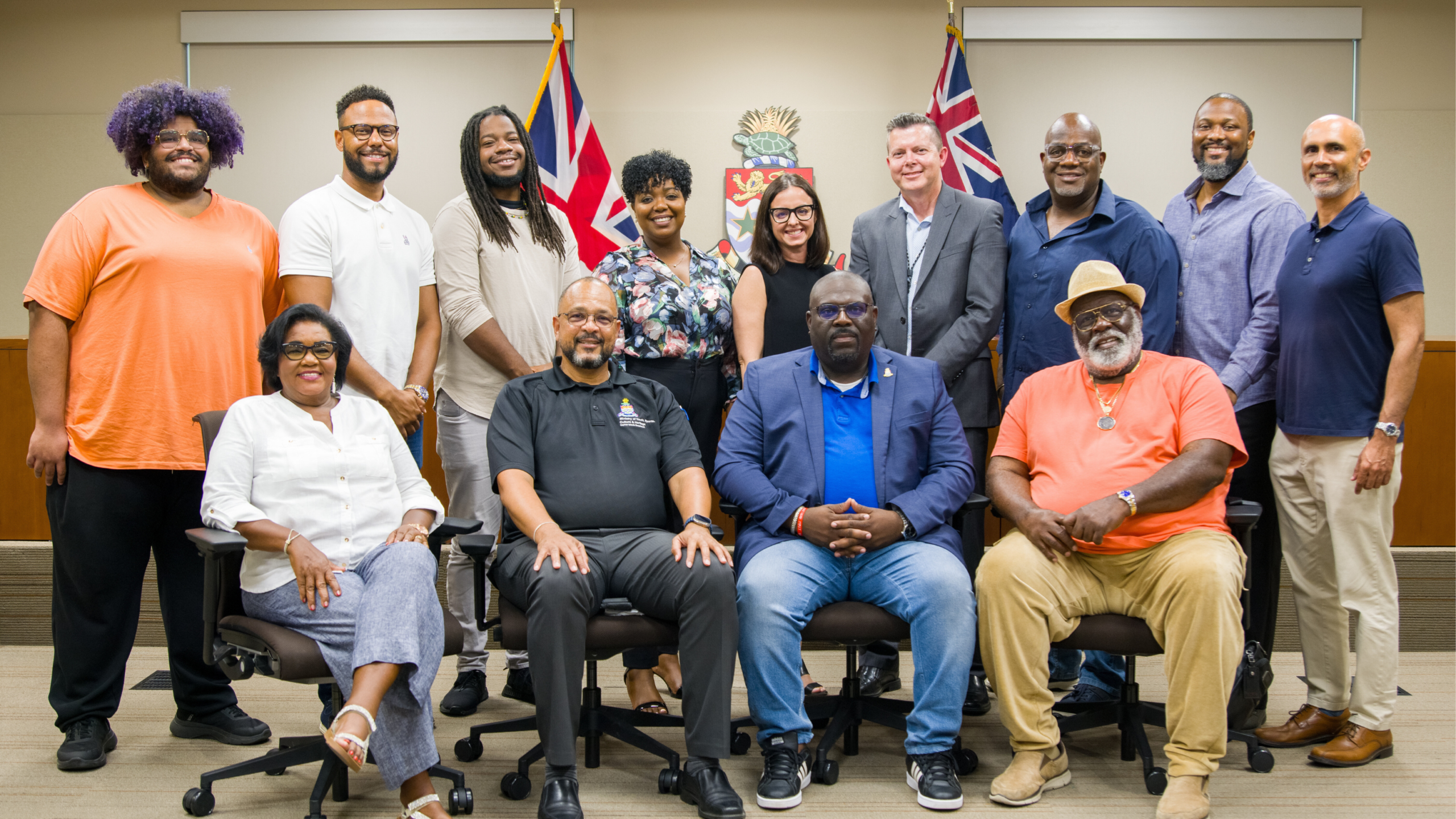 Swanky Kitchen Band poses with sponsors, ministers Isaac Rankine and Dwayne Seymour (front row<br />centre), CNCF Interim Managing Director Natalie Urquhart (back row centre) and Cayman Airways CFO and VP Paul<br /> Tibbetts (back row, fourth from right).