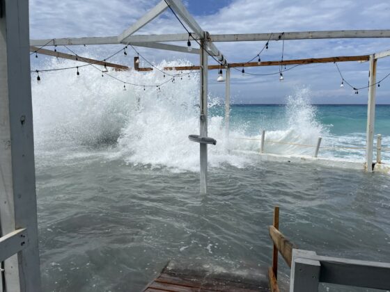 The deck at Cayman Cabana Restaurant is awash as Hurricane Helene moves north.