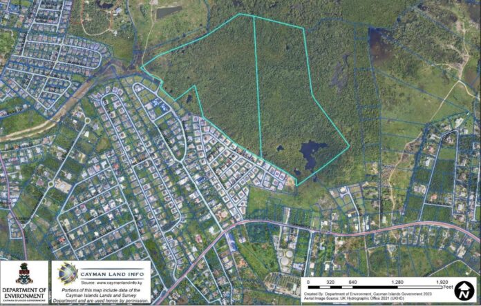 This image shows the two parcels of land, highlighted in light blue, on which A. L. Thompson plans to develop affordable housing in Savannah. - Photo: UK Hydrographic Office 2021 aerial image