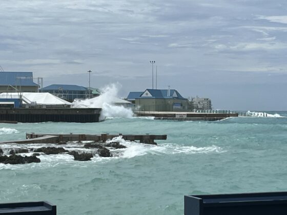 Waves associated with Hurricane Helene come ashore by the port in George Town in September 2024.
