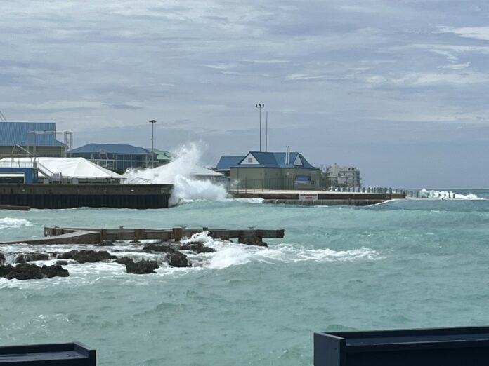 Waves associated with Hurricane Helene come ashore by the port in George Town in September 2024.