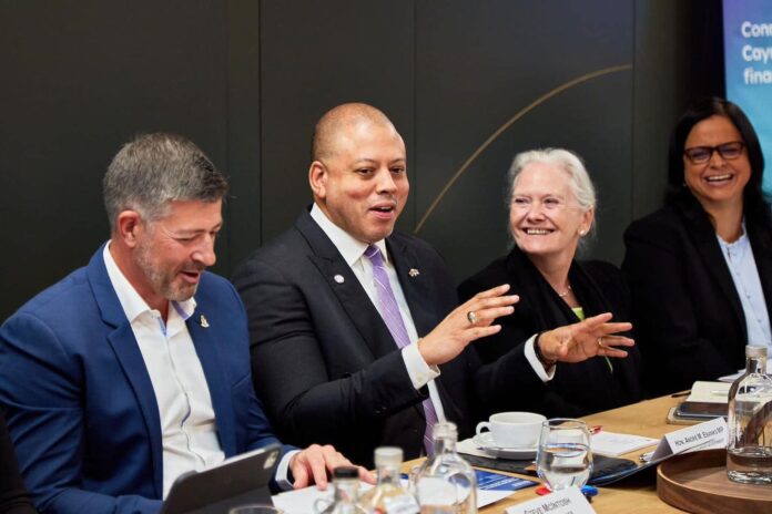 From left, Cayman Finance CEO Steve McIntosh, Deputy Premier Andre Ebanks, Cayman Islands Governor Jane Owen and Cayman Islands Monetary Authority Cindy Scotland join the delegation at a Cayman Finance roundtable meeting in London on 11 Sept. - Photo: Supplied