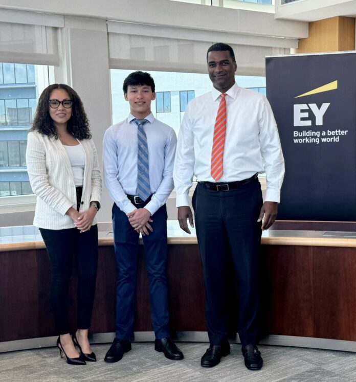 Yoli-Zion-Baron_Pic Photo from left to right: EY Talent Consultant Yoli McCoy, EY Scholarship recipient Zion Bodden; EY Cayman Partner Baron Jacob