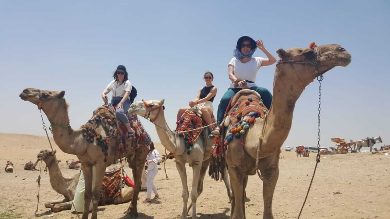 Sarah riding a camel in Egypt with her fellow journalists on the press trip