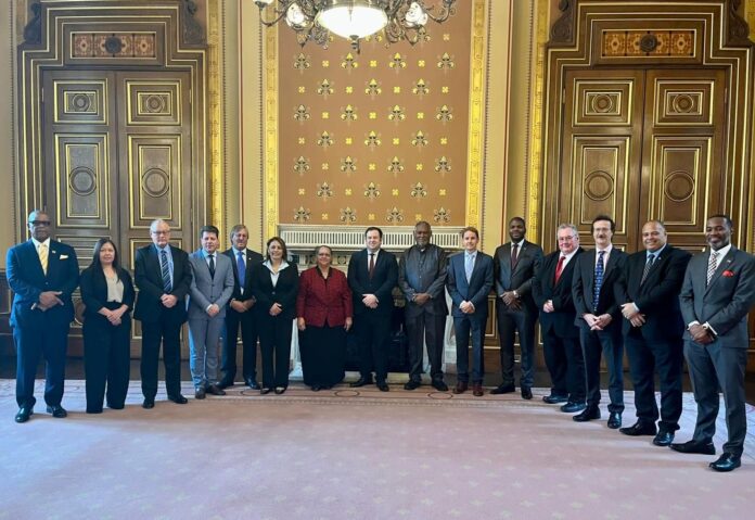 Premier Juliana O'Connor-Connor is pictured with UK Minister for the Overseas Territories Stephen Doughty and fellow leaders of overseas territories on Wednesday in London. - Photo: GIS