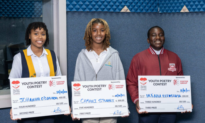 From left, Johanah O’Connor, Camani Stuart, and Ikenna Eleweanya pose with their winning prizes for the 2024 Youth Poetry Contest. - Photo: Supplied