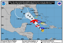 Tropical Storm Rafael shifts closer to Cayman Brac, Little Cayman