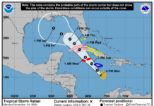 Tropical Storm Rafael forms southeast of Grand Cayman The US National Hurricane graphic shows the projected path of Tropical Storm Rafael as at 4pm on Monday.