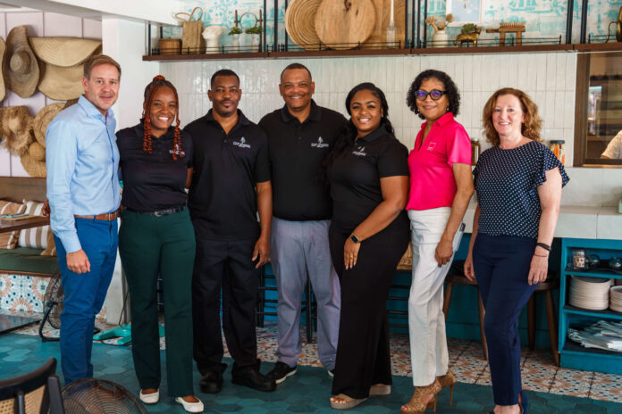 (L-R): Enrique Tasende – Dart Senior Vice President Active Investments, Hospitality; Four Seasons Resort and Residences Anguilla staff Roxanne Webster, Daveena Hodge, Darren Connor and Mario Connor; Dianne Conolly – Dart Hospitality Programme Manager; and Aileen Sargent – Dart Senior Manager People and Culture.