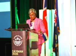 Caribbean economist questions value of Cayman cruise ships Economist Marla Dukharan addresses a sold-out Economic Forum at the Kimpton Seafire. - Photo: Supplied