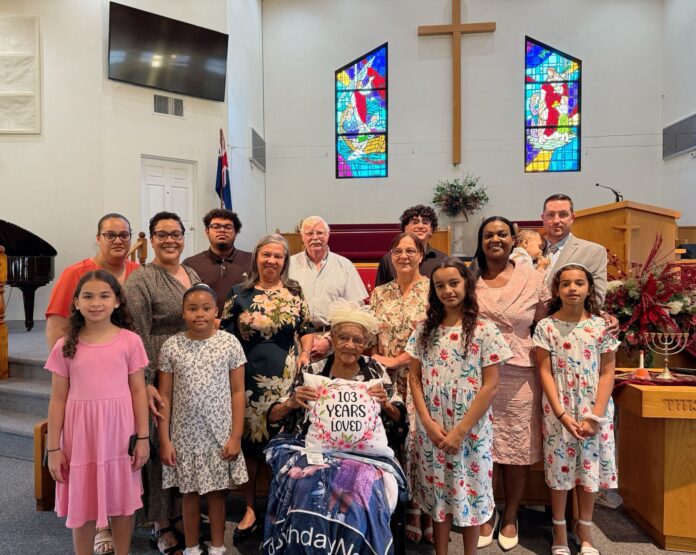 Centenarian Mary Viola Brown celebrates her 103rd birthday with family at a church service held on 23 Feb. - Photo: Supplied