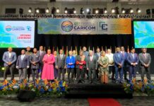 Premier attends CARICOM heads of government meeting in Barbados Premier Juliana O’Connor-Connolly, third from left in the back row, joins heads of government and guests on stage for an official photo at the conclusion of the opening ceremony of the CARICOM meeting. - Photo: Supplied