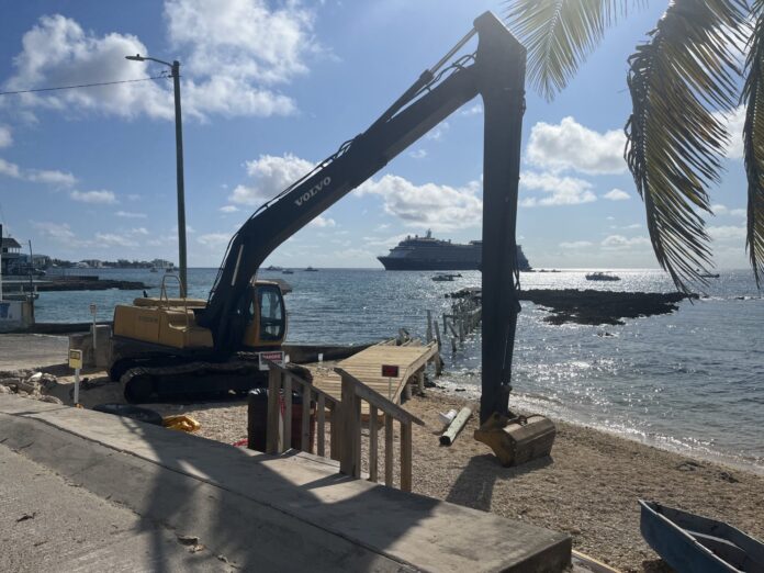 Work has commenced at the George Town Barcadere dock by Lobster Pot - Photo: Simon Boxall