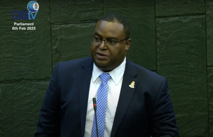MP Chris Saunders speaks before Parliament on 6 Feb. about a 'global reset'. - Photo: Parliament of the Cayman Islands