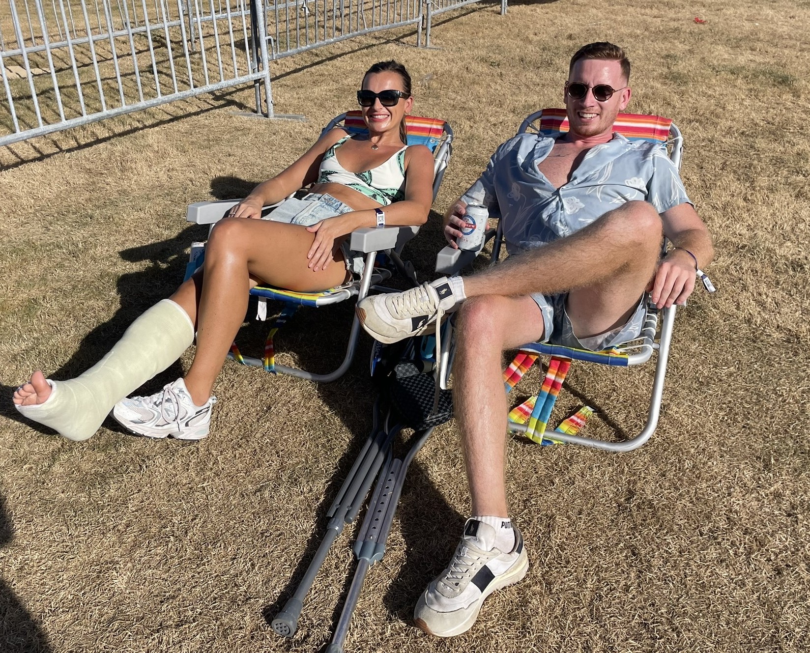 A broken leg didn't stop Danielle Browne and her partner Andy McLean from enjoying the festival vibe