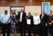 Election and referendum local observers appointed Cayman's domestic election observers have been formally appointed. From left, Marc Thomas, Christen Suckoo, Brittany MacVicar, Deputy Governor Franz Manderson, Deborah Ebanks, Governor Jane Owen, Nelva Ebanks, Jessica Anderson, and Abraham Mathew. - Photo: Supplied