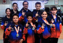 Cayman wins 5 medals at regional karate tournament Cayman's team in Panama. Back row from left, Cosette Brendel, Matthew Power, Patrick Brendel, Nick Young and Lucas Jackson; front row from left, Michael Webster Jr., Luke Brendel and Victoria Carvalho. - Photo: Supplied