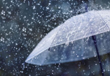 Dry conditions mark start of rainy season Transparent umbrella under heavy rain against water drops splash background. Rainy weather concept.