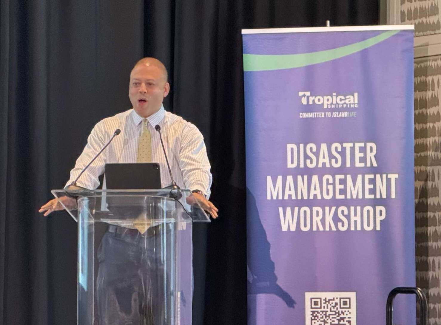 Premier André Ebanks gives opening remarks at the Tropical Shipping disaster management workshop. - Photo: Simon Boxall