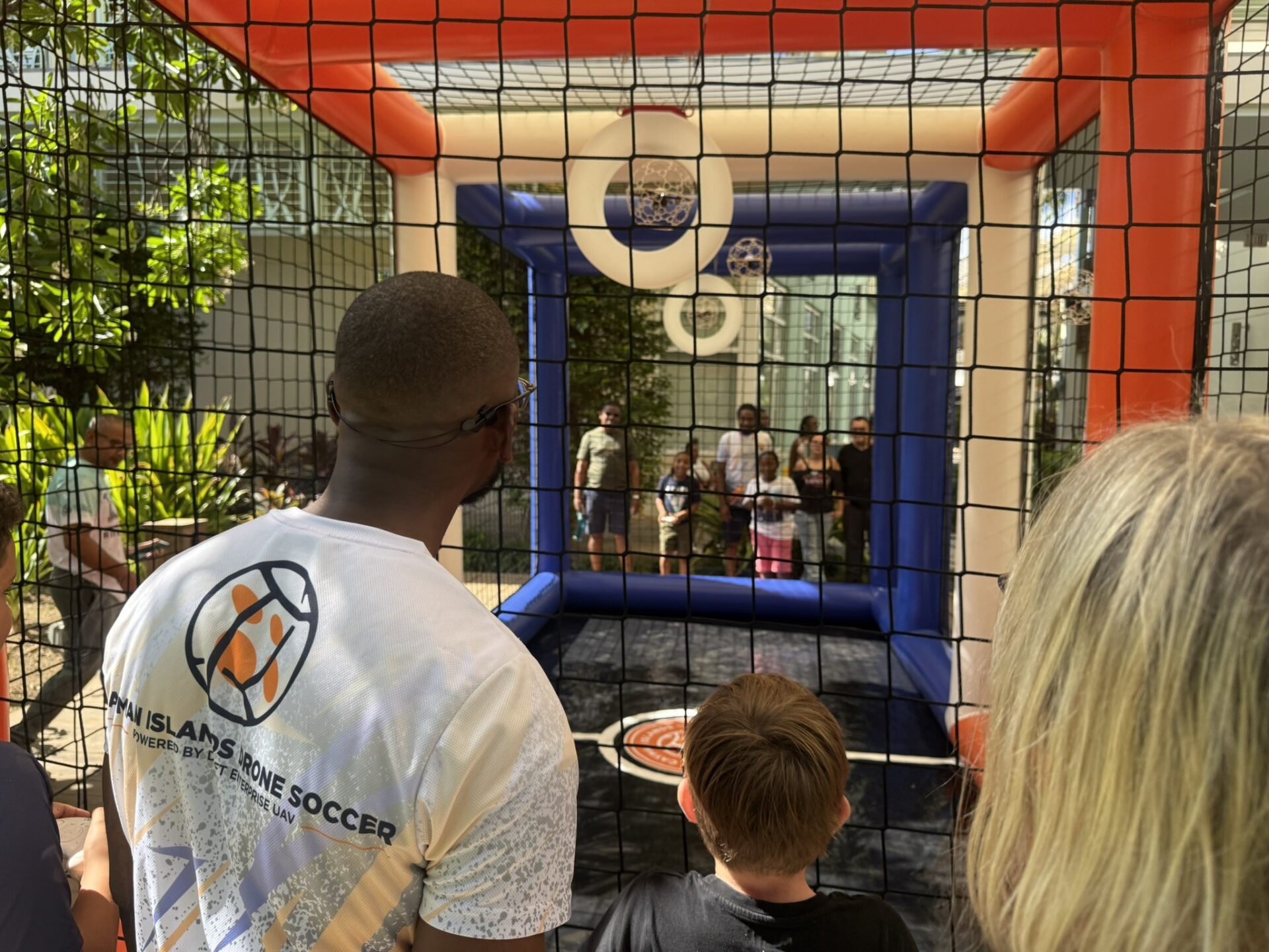 Drone soccer can be played indoors or outdoors in a pre-determined flying zone