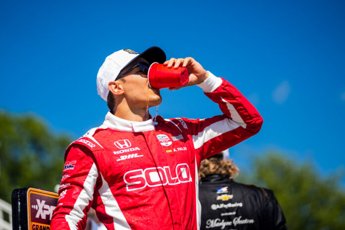 Alex Palou, winner of the XPEL Grand Prix at Road America on 22 June, enjoys a beverage from a red Solo Cup after the race. - Photo: Submitted
