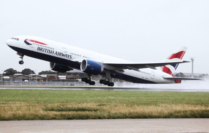 Boeing 777-200 British Airways flight takeoff.