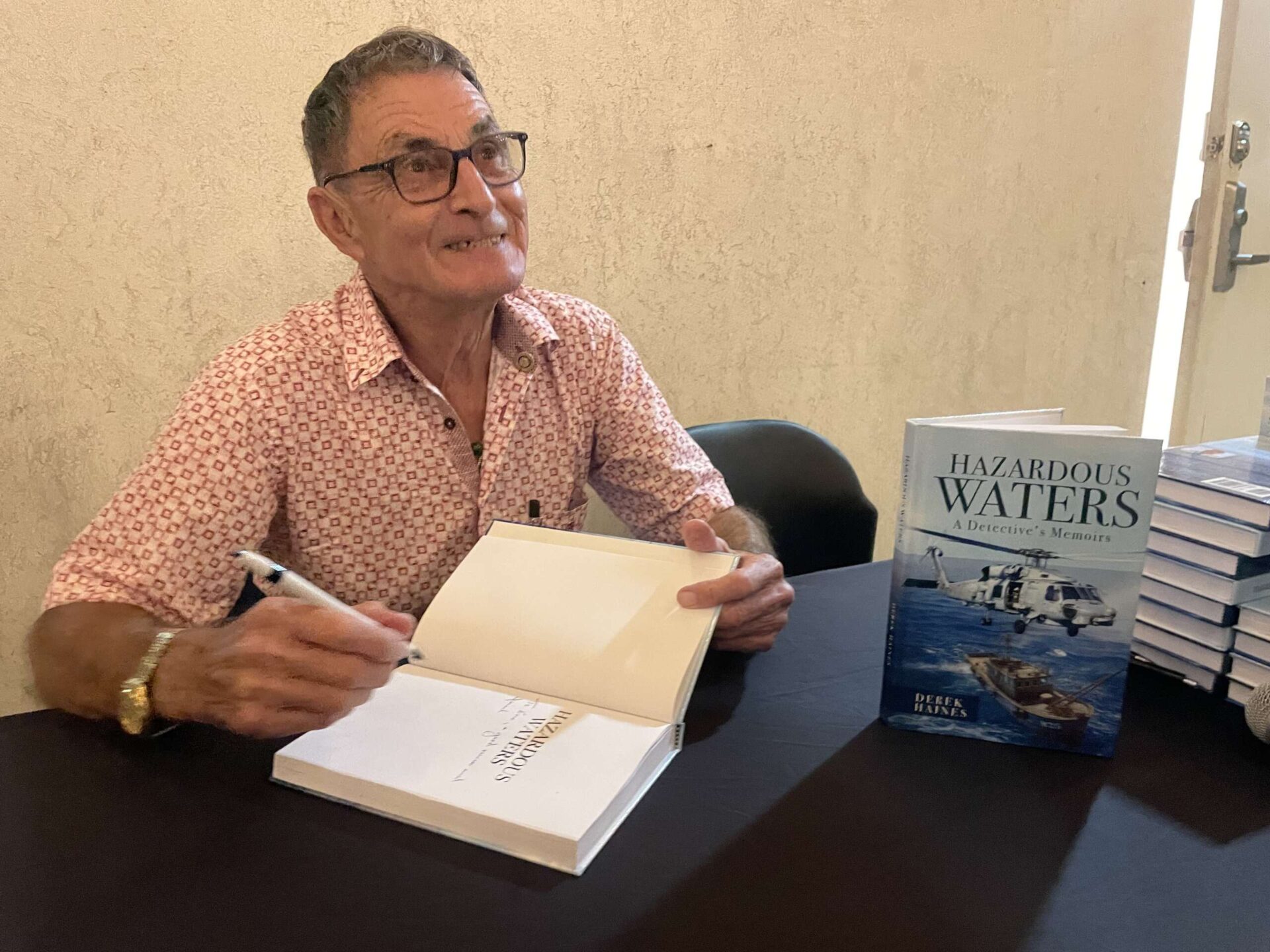 Derek Haines at book launch of Hazardous Waters