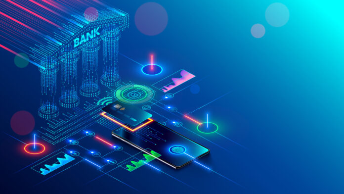 Mobile bank conceptual illustration. Internet online banking on phone. access to the money on bank card through app on smartphone with nfc technology. Digital Financial services and pay in web shop.