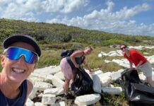 Scuba volunteers remove polystyrene debris from shoreline