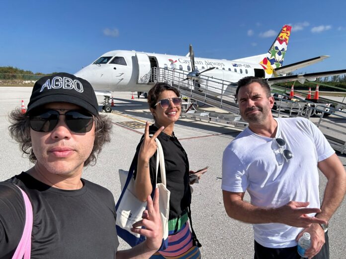 Frank E Flowers, Priyanka Chopra Jonas and Michael Disco (producer) from a 2024 film scout trip to the Brac for The Bluff. Air travel from LAX to the Brac supported by Cayman Airways