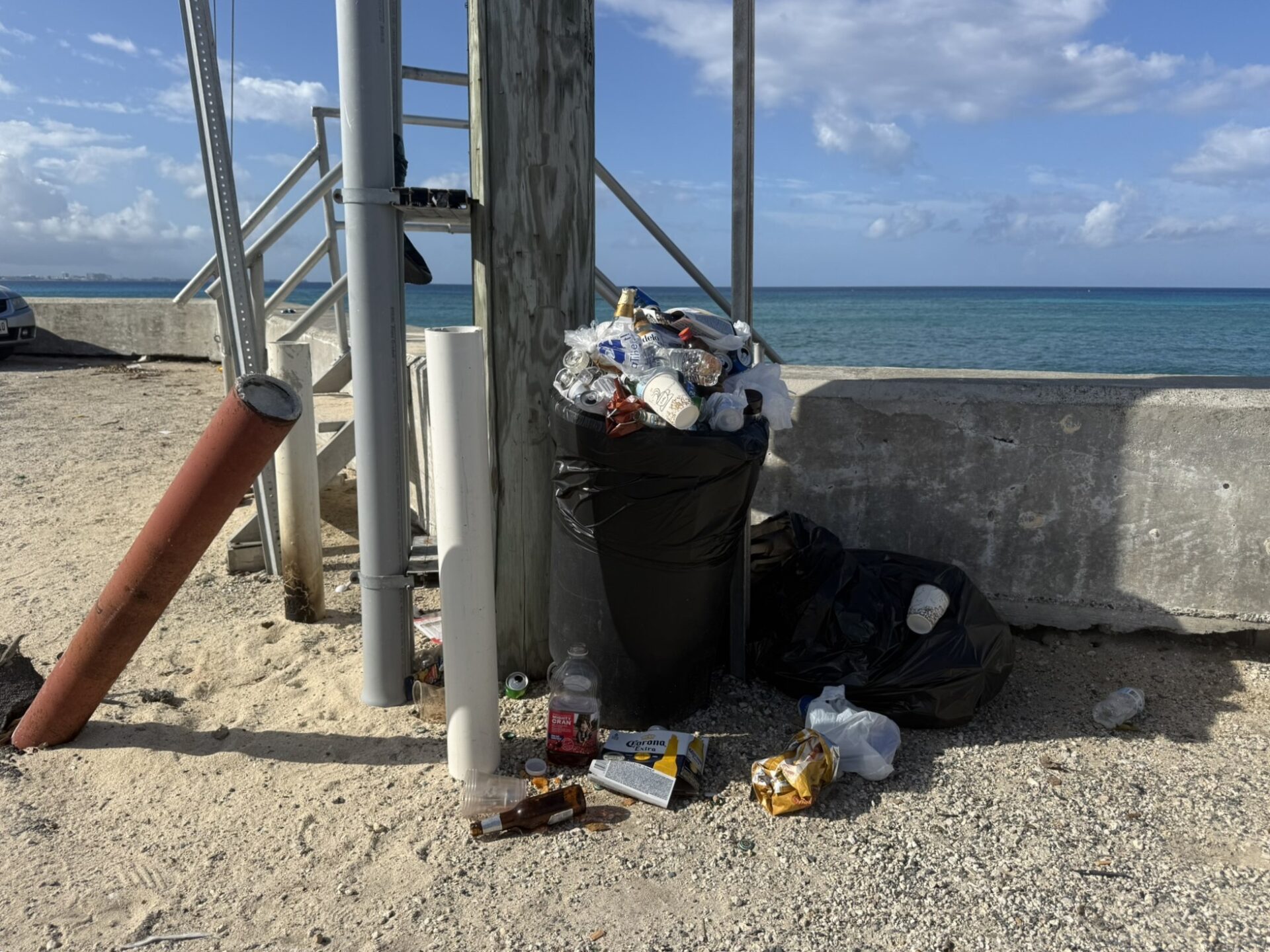 overflowing litter bin in West Bay